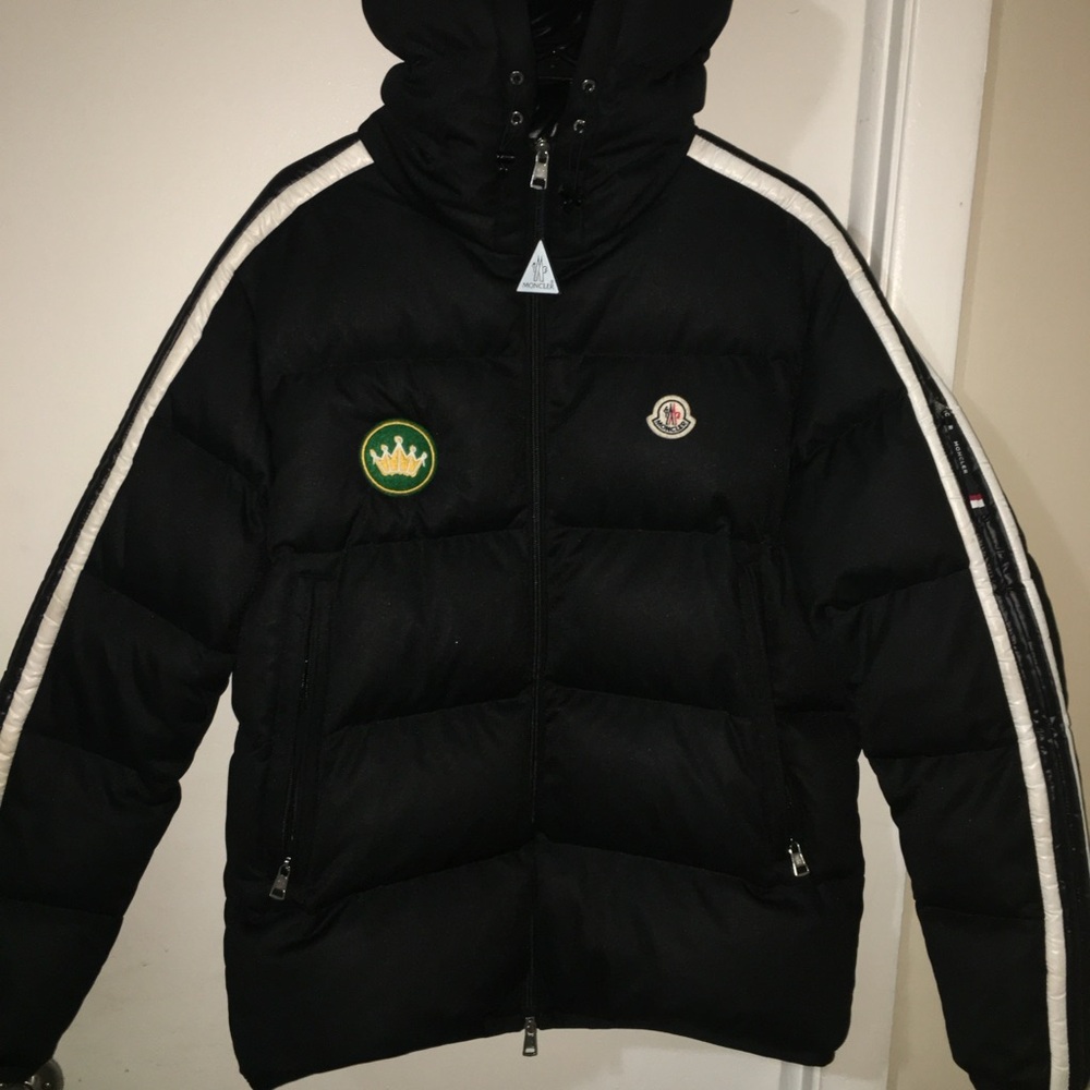 Moncler Black Puffer Jacket with Sporty Stripes